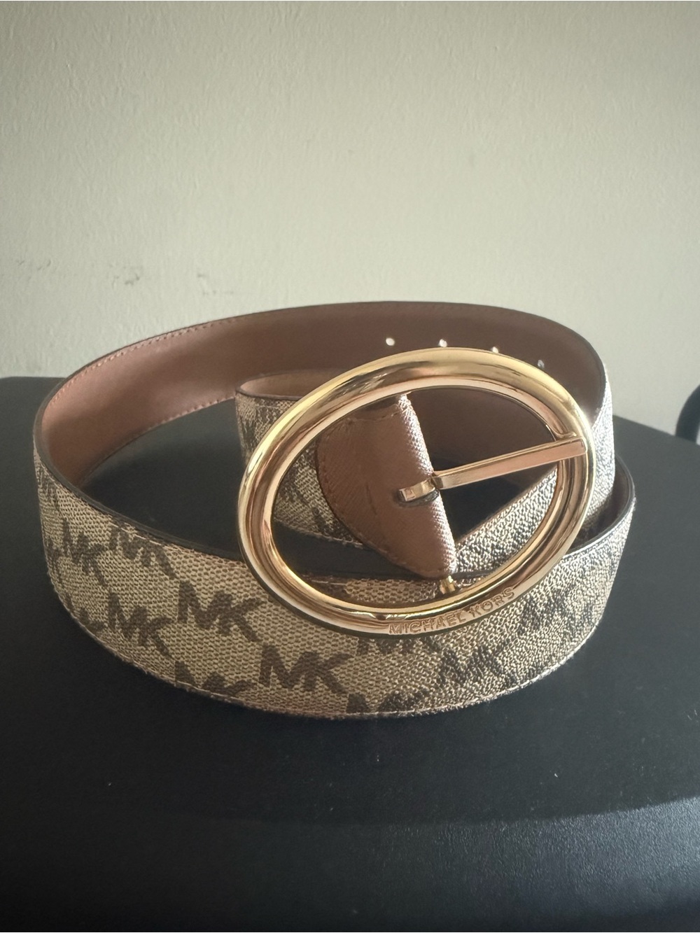 Michael Kors Brown Logo Canvas Belt with Gold Oval Buckle